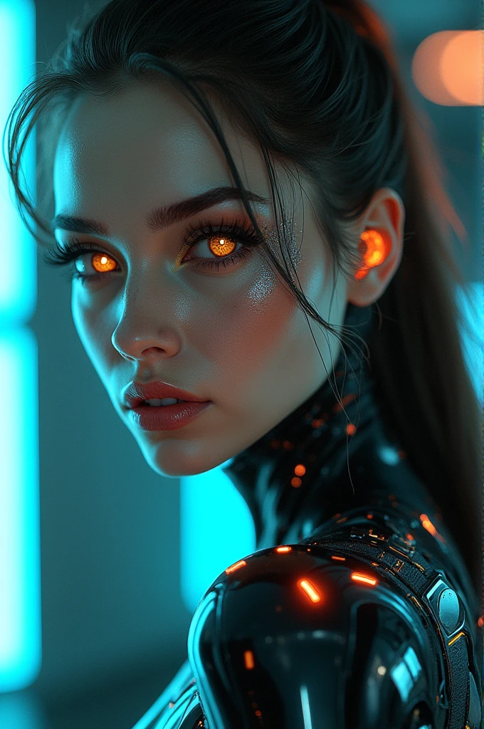 girl realistic and intricate perfect beauty face, detailed & asymmetric perfect sharp galaxy glowing eyes, detailed face, (((from face to the waist))), (((beauty shape))), ((in realistic neon-lit sci-fi black plugsuit metal mech parts and robotic tentacles with neon-lit lights)), masterpiece, 4k, UHD