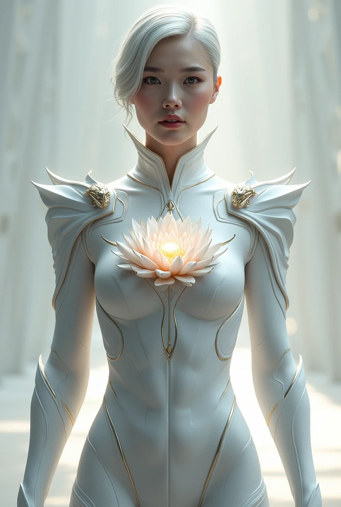 Make a image of a white superhero suit with no mask and has a lotus design in the center and two small swan head statue on the shoulder of the suit