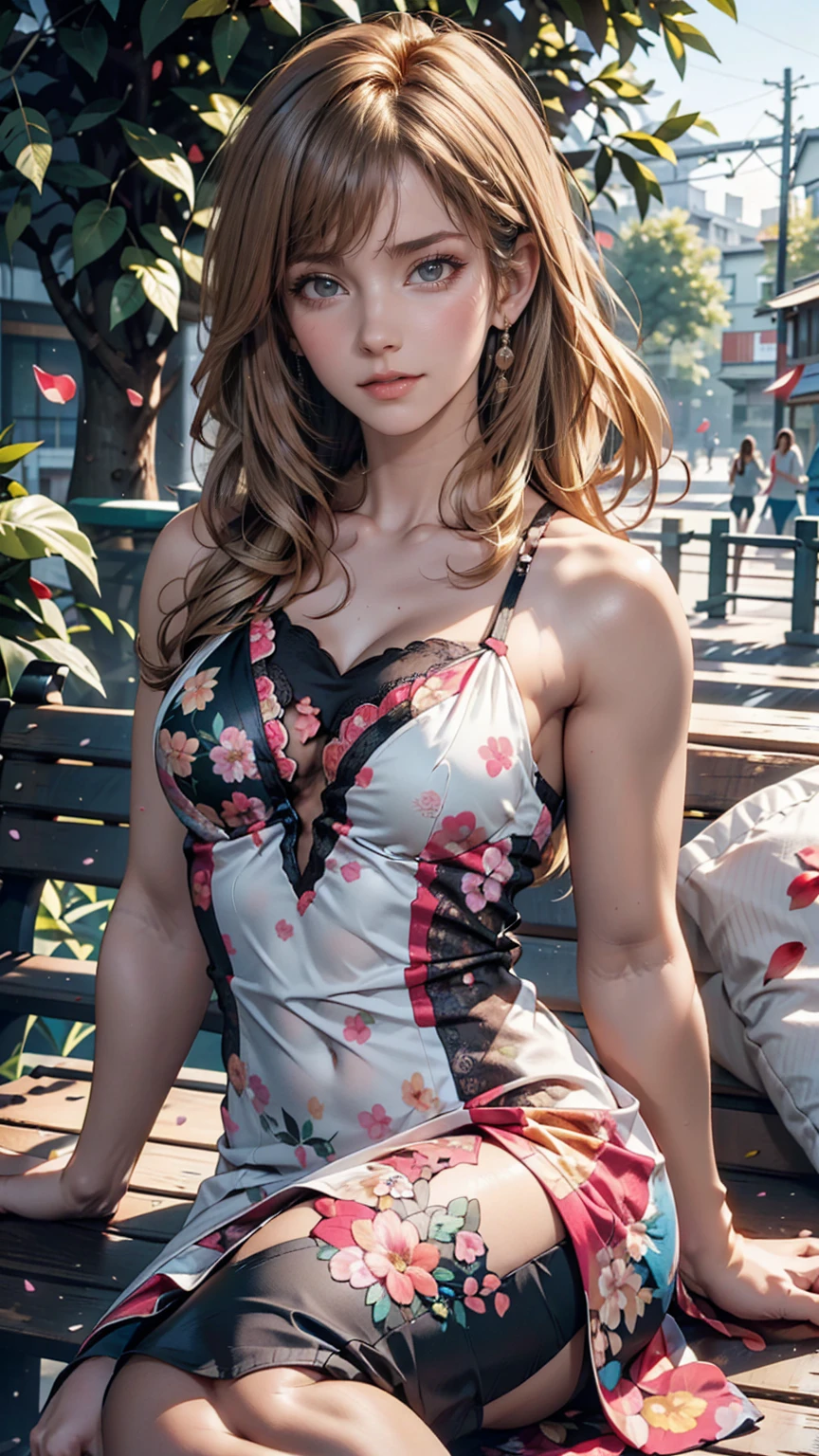 Highest quality, A woman was sitting on a bench , summer_dress, dogs printed in the サマーdress(Colorful petal pattern)、24-year-old woman、Attractive Young Woman, (Beautiful Face:1.1), Detailed eyes, Seductive lips, (eye make up:1.2), (Medium chest:1.0), (Toned body:1.2), Sexy proportions、Narrow waist、Platinum Blonde