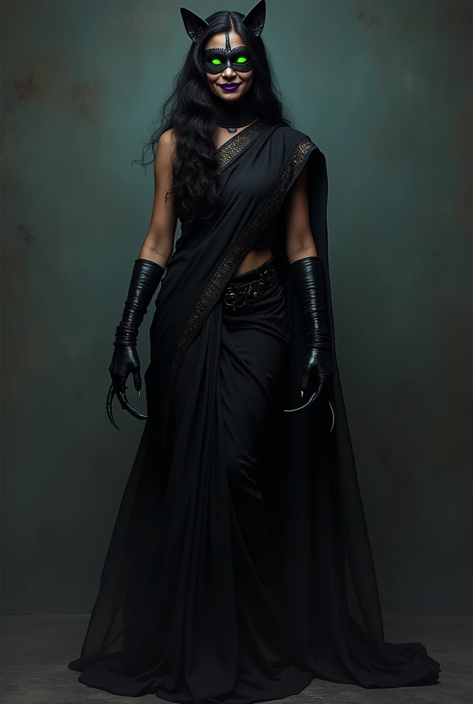 An Indian woman of 45 age, in a black saree, high heels, black gloves with sharp cat like claws, wearing a cat mask which covers her glowing green cat eyes with a cowl, ready to unleash her wrath upon her prey with a signature meow pose with a cunning smile on her lips having dark purple lipstick