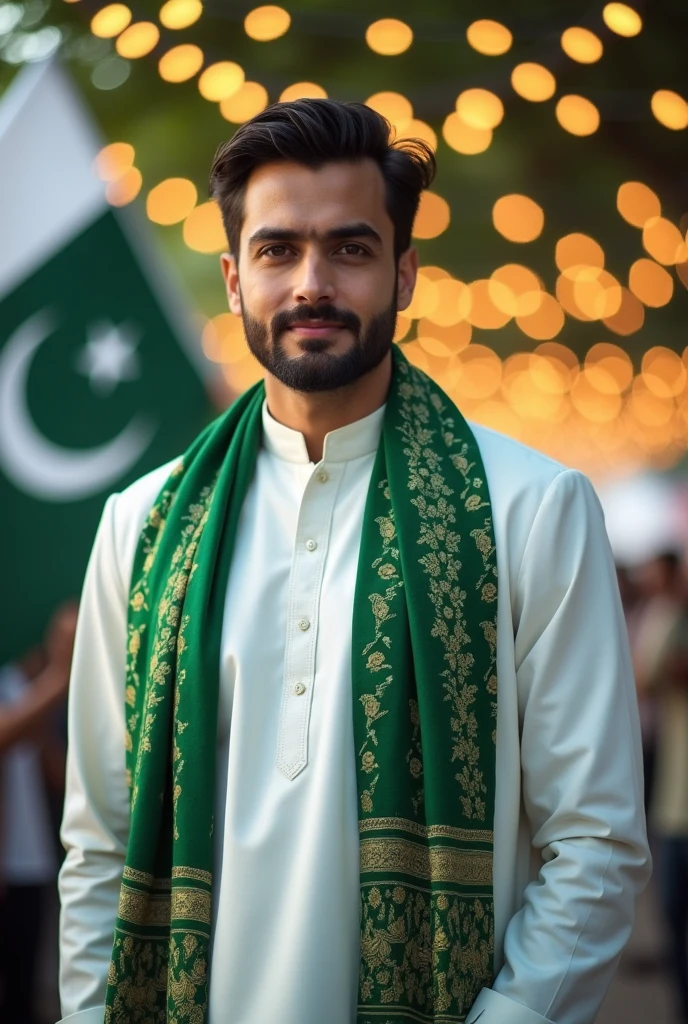 a handsome healthy man in day light wearing white and green kurta shalwar with beautiful designed green muffler on shoulders on independence day, with a backgroun of blur lights and oakistan flag celebration
