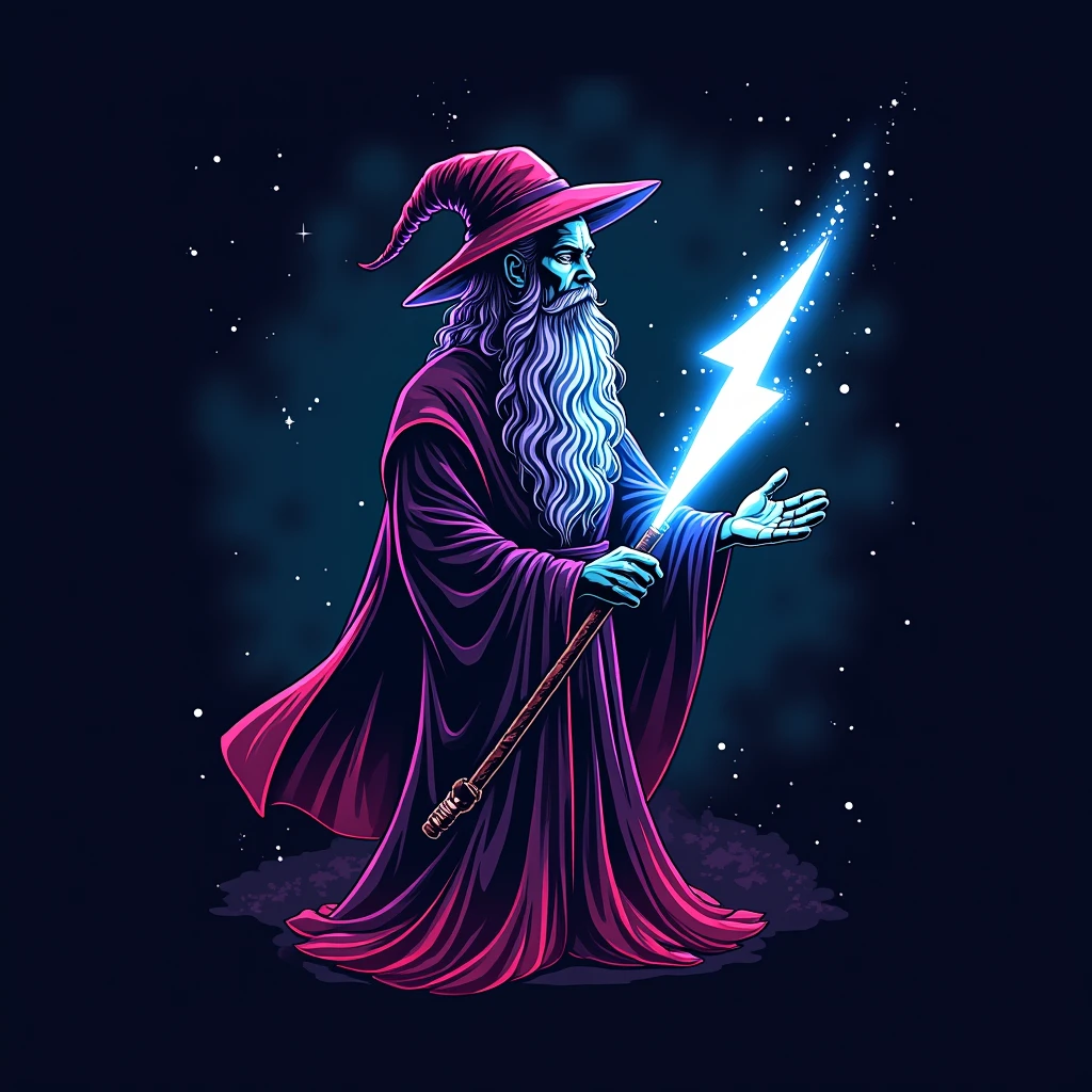 logo,A wizard holding a lightning bolt, logo,the name and Electrum, edm music , illustration, Neon Energy