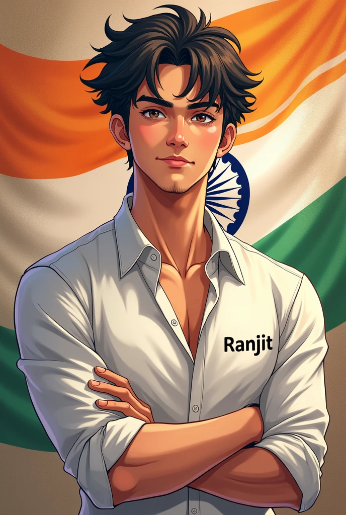 Beautiful picture with a anime man whose NAME RANJIT and the RANJIT name was on his wear white shirt and Indian flag with Indian culture