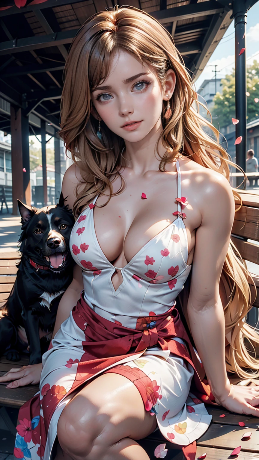 Highest quality, A woman was sitting on a bench , summer_dress, dogs printed in the サマーdress(Colorful petal pattern)、24-year-old woman、Attractive Young Woman, (Beautiful Face:1.1), Detailed eyes, Seductive lips, (eye make up:1.2), (Medium chest:1.0), (Toned body:1.2), Sexy proportions、Narrow waist、Platinum Blonde
