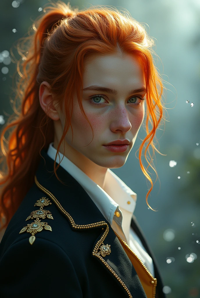 (solo, full body photo:1.3), (action packed:1.3), (haze, fog, mist:1.3), chiaroscuro, best quality, photorealistic, 1boy, (cute), (24yo:1.2), redhead, long ginger hair highly detailed, 1700'S, digital photography, art by artgerm and ruan jia and greg rutkowski surreal painting gold butterfly filigree, broken glass, (masterpiece, sidelighting, finely detailed Fashionable eyes: 1.2) (perfect oval large eyes that gazes at the viewer), beautiful detailed face, blue gorgeous perfect eyes, (blonde hair ponytail), (attractive young woman:1.3), (thick amazing hair), (seductive:1.1), (blushing:1.1)
