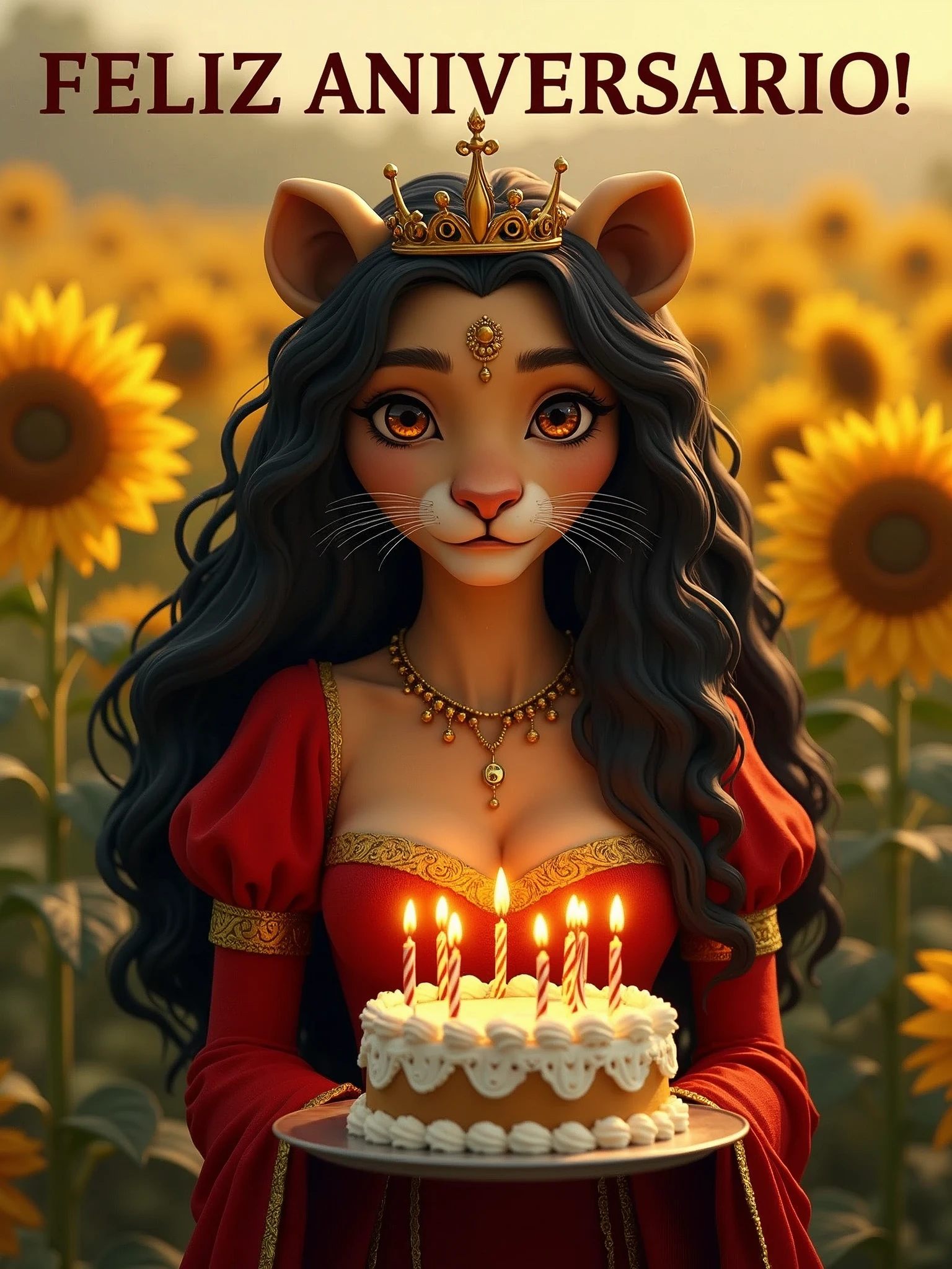 above a text FELIZ ANIVERSARIO!, realistic image, (realistic, photorealistic, lioness face, female lioness head, anthropomorphic lioness, no humans in the image:1.15), (female lioness face, anthro, wavy long black hair, crown golden, brown eyes, wearing a detailed medieval red dress), in a sunflower field, holding a birthday cake (with the number 23 in the form of lit candles), looking at viewer, Above the image there is text "FELIZ ANIVERSARIO!", realistic, professional photograph, cinematic illumination,UHD, masterpiece, best quality, 8K