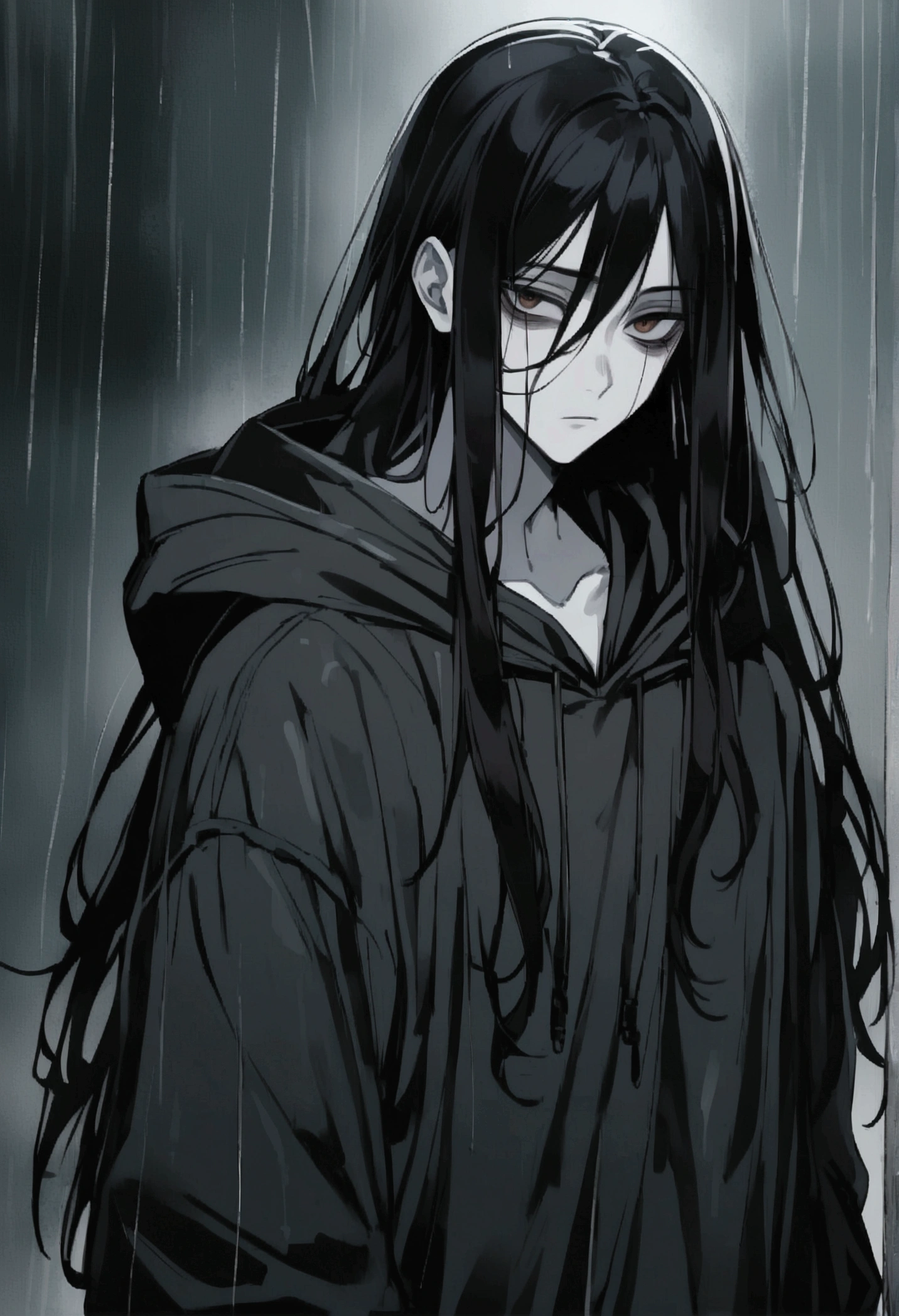 1 man, black hair, long hair, Oversized black hoodie, Pale and white skin, brown eyes, hot, cool, standing in the rain, dark circles, Darkness under the eyes