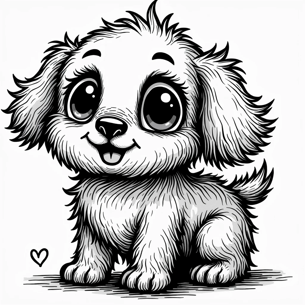 Create a fantasy illustration with watercolor technique, of a little furry dog I. the drawing should look like the comics. the illustration should look minimalist. Let the strokes be organic, imperfect as if a human had made them. Make the contour lines of the drawing as fine and thin as possible..