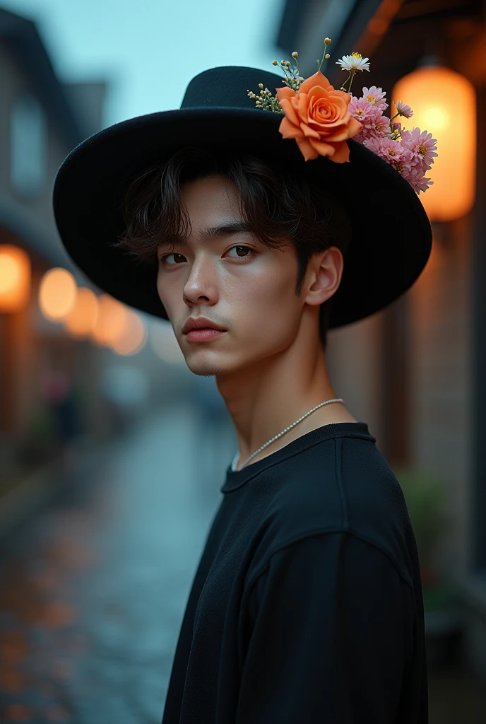 ((Best Quality, 8K, Masterpiece: 1.3)), (Flower Cap: 1.3), Focus: 1.2, Perfect Body: 1.4, handsome: 1.2, (Layered Haircut: 1.2)), (Dark Street: 1.3), Highly Detailed Face and Skin Texture, Full Body, Delicate Eyes, Double Eyelids, Whitened Skin, brown Hair, (Round Face: 1.5), ( t-shirt: 1.6)