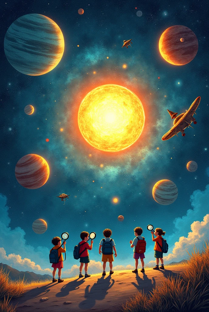 Solar system, universe, space, there is a big sun, exploration, there are school children, there are magnifying glasses, there are aliens at night.