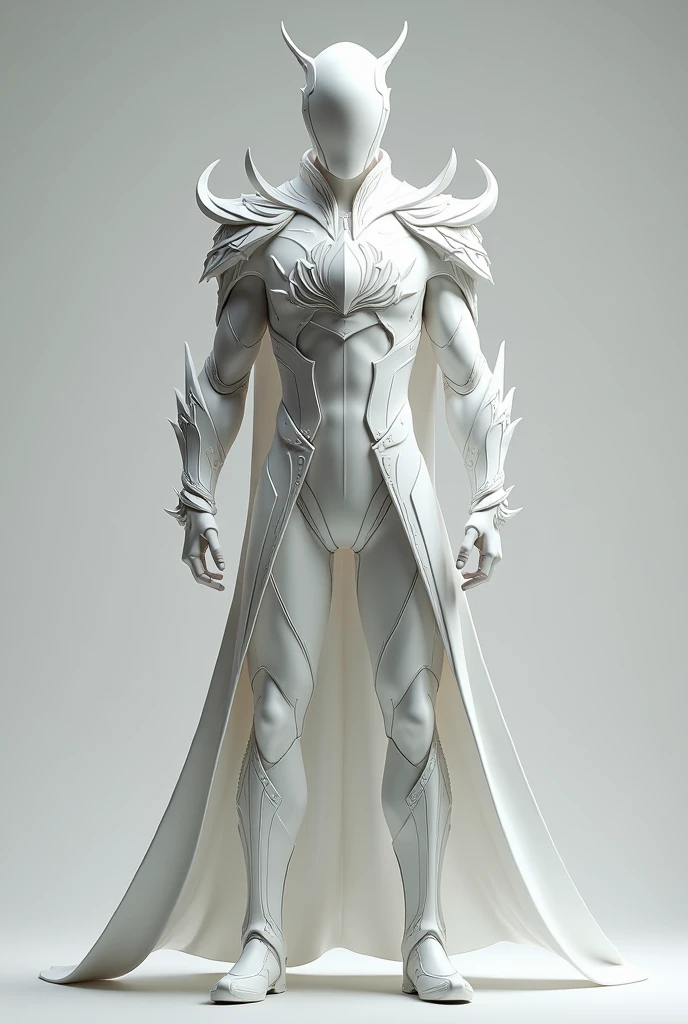 Make a image of a white male superhero suit with no mask and has a lotus design in the center and two small swan head statue on the shoulder of the suit