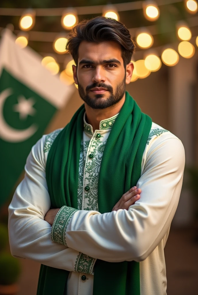 a handsome healthy fit man in day light wearing white and green kurta shalwar wirh jacket on independence day, with a backgroun of blur lights and oakistan flag celebration