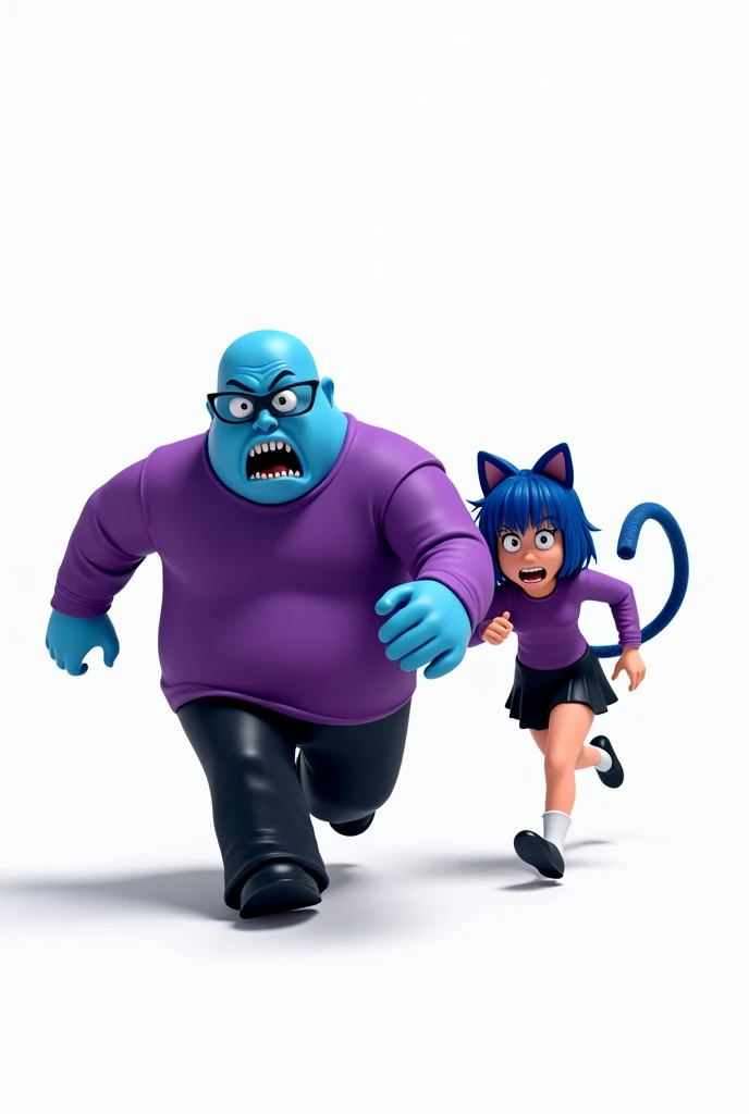 a bald guy, blue skin, wears glasses, purple shirt with long sleeves, black pants, crazy, very fat, scary, chasing an anime kawaii girl with blue skin, blue hair, cat ears blue, wears glasses, purple shirt with long sleeves, black skirt, wears white socks, have cat tail blue, Roblox style, white background only, chasing scene, ROBLOX CHARACTERS