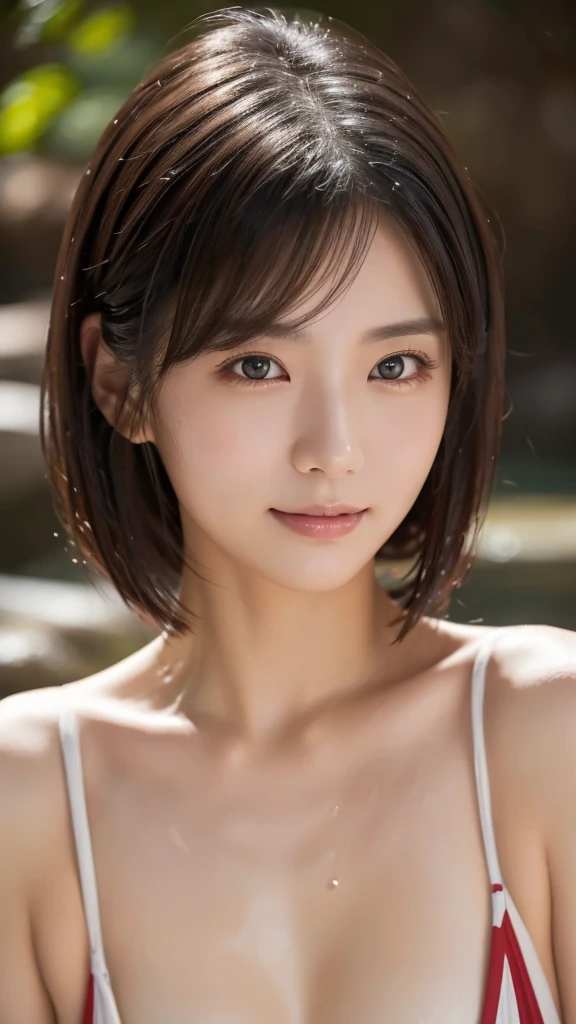 Highest quality, masterpiece, Ultra-high resolution, Supermodel soaks in Japanese hot springs, Outdoor hot spring, Stone hot spring, Moss and tree々Surrounded by, Super beautiful face, Pure Body, Pores are clearly visible, (smile:0.8), Wearing separates ,Large Breasts(G Cup)、Wet black hair、Wet medium bob hair、 (realism:1.5), Original photo, Wet body, Sweating all over the body, Exposing shoulders, In the Dark, Deep Shadow, Low posture, Cold Light