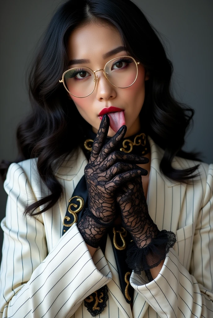 With long, curly black hair、Heavy makeup and purple eyeshadow、Around her neck she wears a ribbon-shaped satin black and gold chain patterned scarf.、Wearing gold-rimmed glasses、Wearing long gloves made of black rose lace、A Japanese woman in her 40s wearing a white striped suit is licking her fingers with her tongue