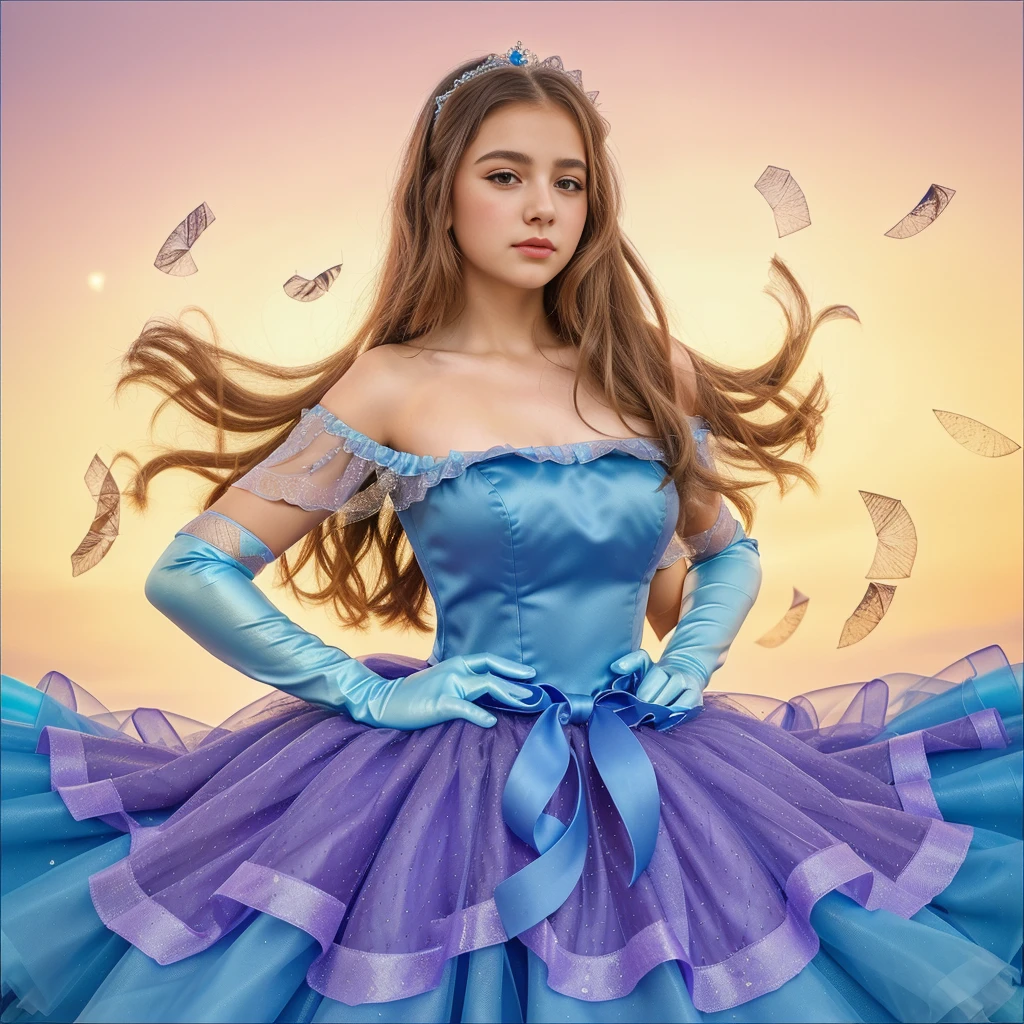 a gorgeous 10 year-old girl, blue tulle off-shoulder ball gown, long gloves, extremely detailed, 4k, perfect face