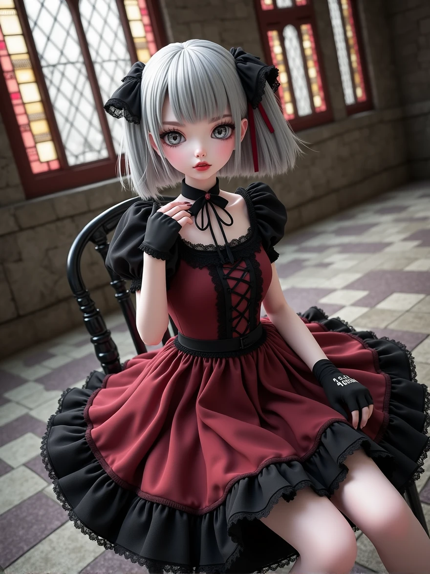 (8k, Photorealistic: 1.2, Raw photo, Highest quality: 1.4),Japanese idol-style beautiful girl,model,1 person,18-year-old,(Short Bob),(Silver Hair :1.1),She has her hair tucked behind her ears,Headband,Clear grey eyes,Long eyelashes,(eye shadow(Black)),Eyeliner((Black)),(piercings(small)),(Pale, lifeless skin(Foundation)),(Lip gloss(Deep vermilion :1.1)),thin long neck,Large Breasts,(Lace gloves(Black)),(gothic lolita dress(Frills,Puffy long skirt :1.3)),(layer),(Fishnet tights),(lace up lolita shoes),Sitting in a chair,(Legs are V-shaped),(Background of a room with heavy Gothic-style stone stained glass),Full body portrait