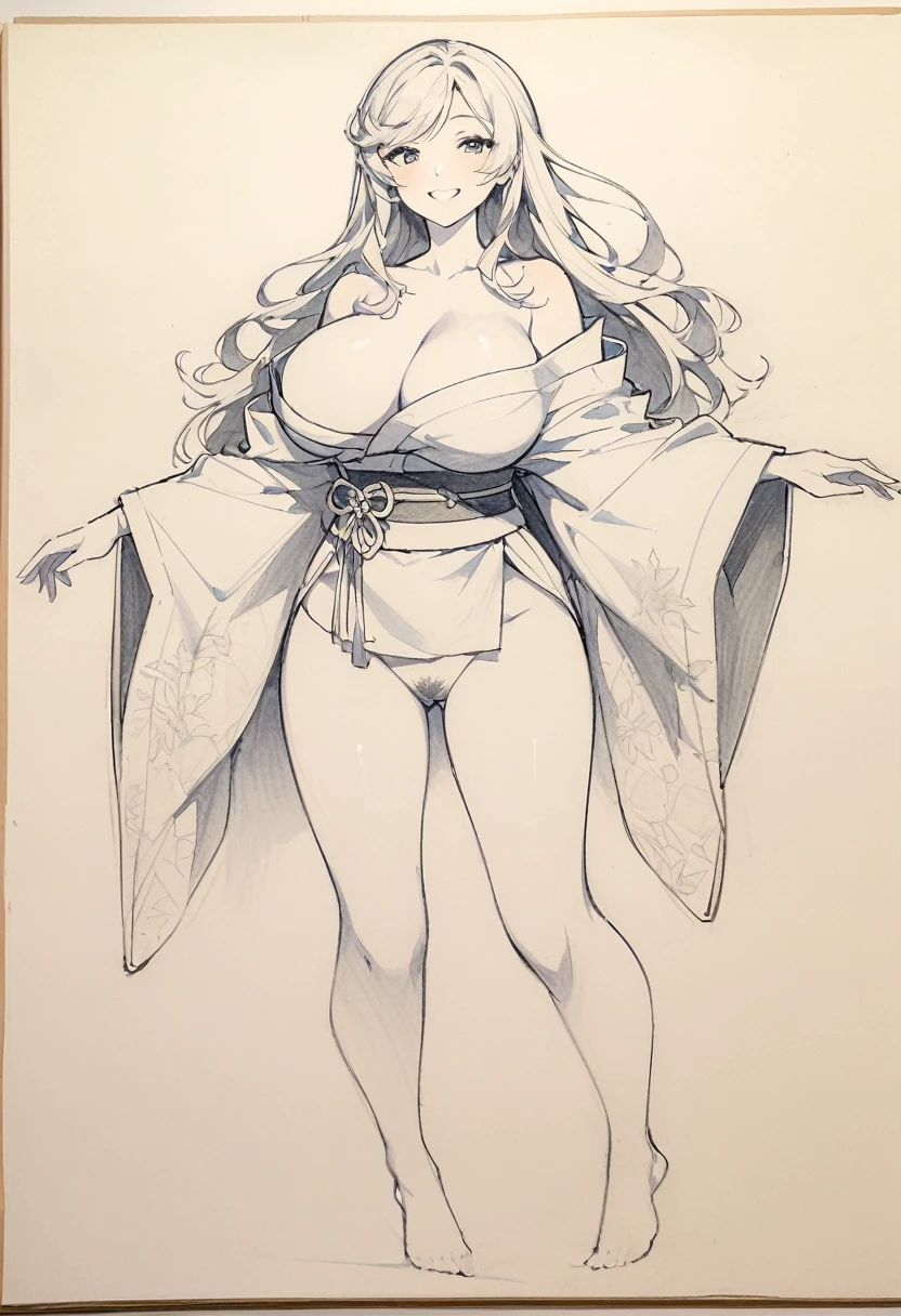 1 ,Line drawing,monochrome,（sketch:1.5、pattern、pencil drawing:1.5、board:1.5）,board，traditional media, whole body,look up,Cold Background ,(Wear an off-the-shoulder kimono） ,Smile，Long hair，Clothing Model，Large Breasts，pubic hair，legs apart