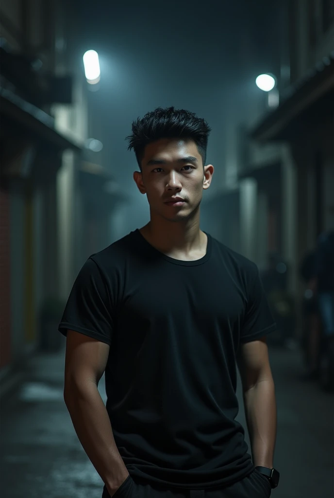 ((Best Quality, 8K, Masterpiece: 1.3)), Focus: 1.2, Perfect Body: 1.4, handsome: 1.2, (Layered Haircut: 1.2)), (Dark Street: 1.3), Highly Detailed Face and Skin Texture, Full Body, Delicate Eyes, Double Eyelids, Whitened Skin, brown Hair, (Round Face: 1.5), ( t-shirt: 1.6)