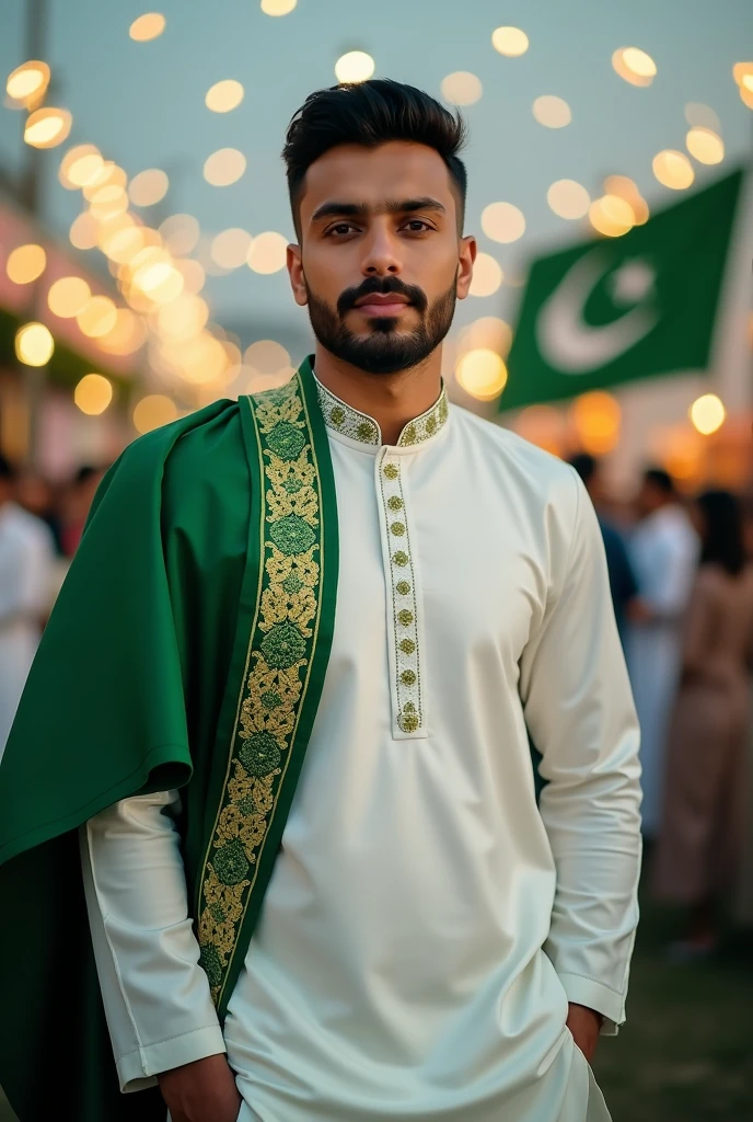 a handsome healthy  man in day light wearing white and green kurta shalwar with beautiful designed green muffler on shoulders on independence day, with a backgroun of blur lights and oakistan flag celebration