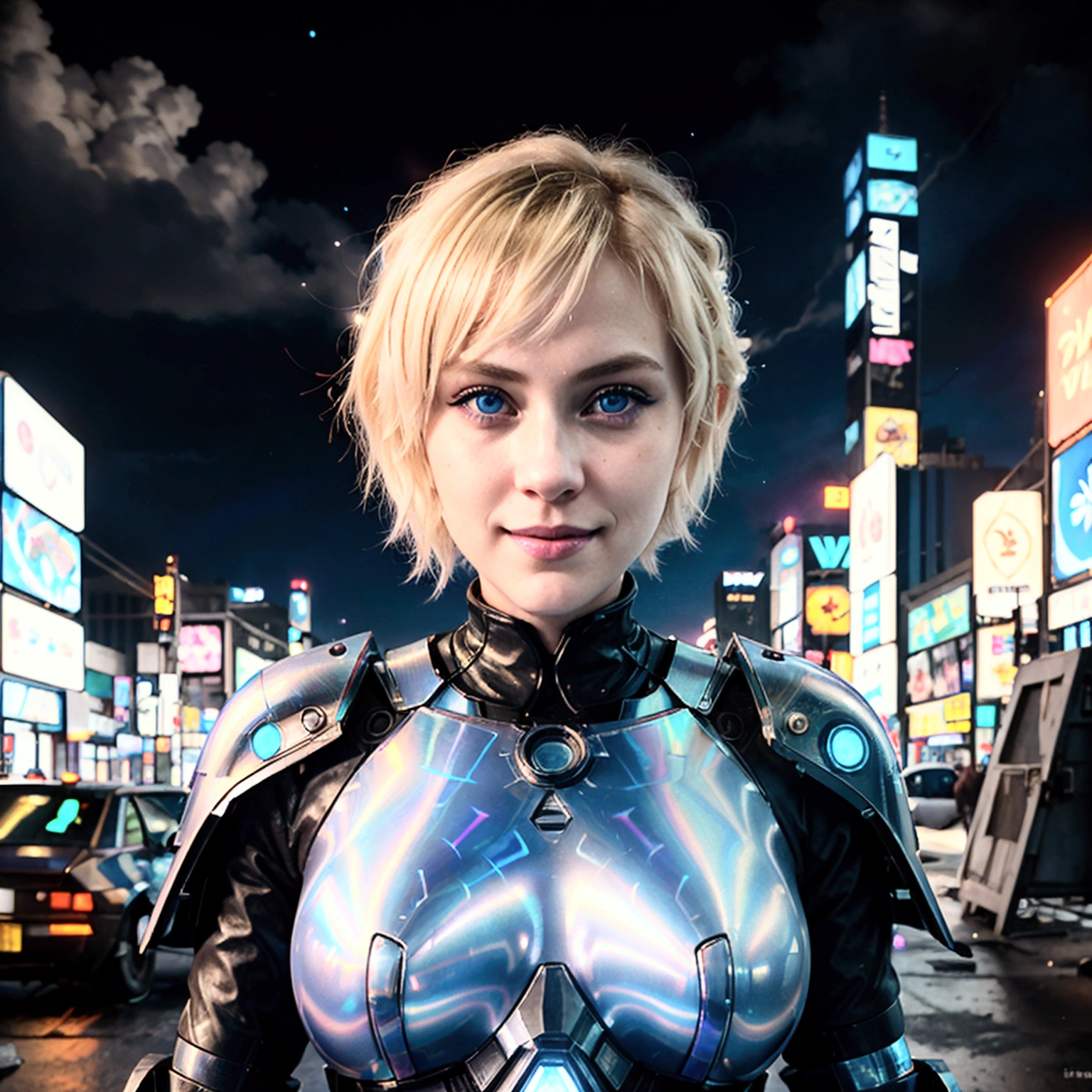 Imagine Anna, 25 years, with short blonde hair, laid out in waves. She has big blue eyes, straight nose and full lips, curved in a confident smile. Anna as Major Kusanagi, but with a unique cyberpunk twist: she wears armor, decorated with neon stripes and glowing elements. In her hands she holds a modified weapon with bright lights and holographic projections.. The background is a futuristic urban landscape, filled with technological wonders and advertising holograms. The atmosphere should highlight both elements of the traditional style of Major, as well as modern cyberpunk details.