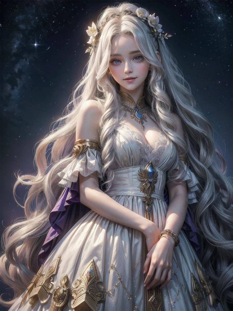 ((Highest quality)), ((masterpiece)), (detailed), White hair that glows pale in seven colors、Long Wavy Hair、Curly long hair、The forehead is protruding、Violet-blue dawn eyes、beautiful girl、human、One person、flower、Smile、curly hair,Ancient Greek and Roman Dresses、One personのbeautiful girl