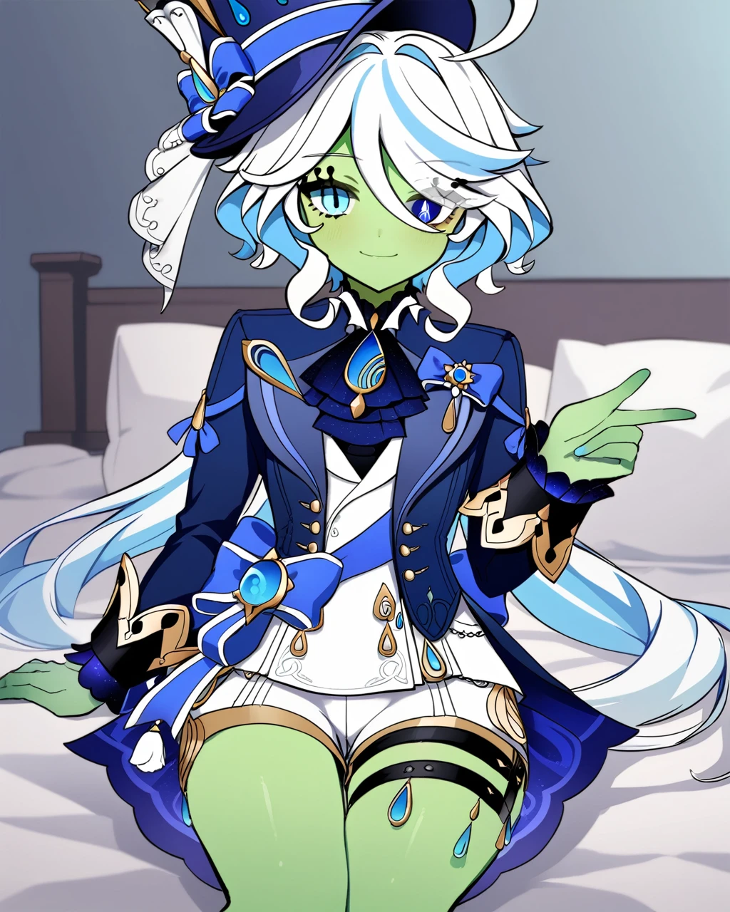 Furina \(genshin impact\), heterochromia,hat,bule hair,Blue eyes,ascot,brooch,t,blue bow，white shorts, thigh strap，Skin of color，Green Skin，Green Skin，Green Skin，whole body，Green Skin，Green Skin，Green Skin，Green Skin，Green Skin，Green Skin，Green Skin，Sitting on the bed，Green mist