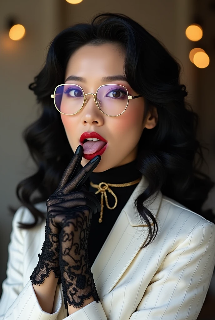 With long, curly black hair、Heavy makeup and purple eyeshadow、Around her neck she wears a ribbon-shaped satin black and gold chain patterned scarf.、Wearing gold-rimmed glasses、Wearing long gloves made of black rose lace、A Japanese woman in her 40s wearing a white striped suit is licking her fingers with her tongue
