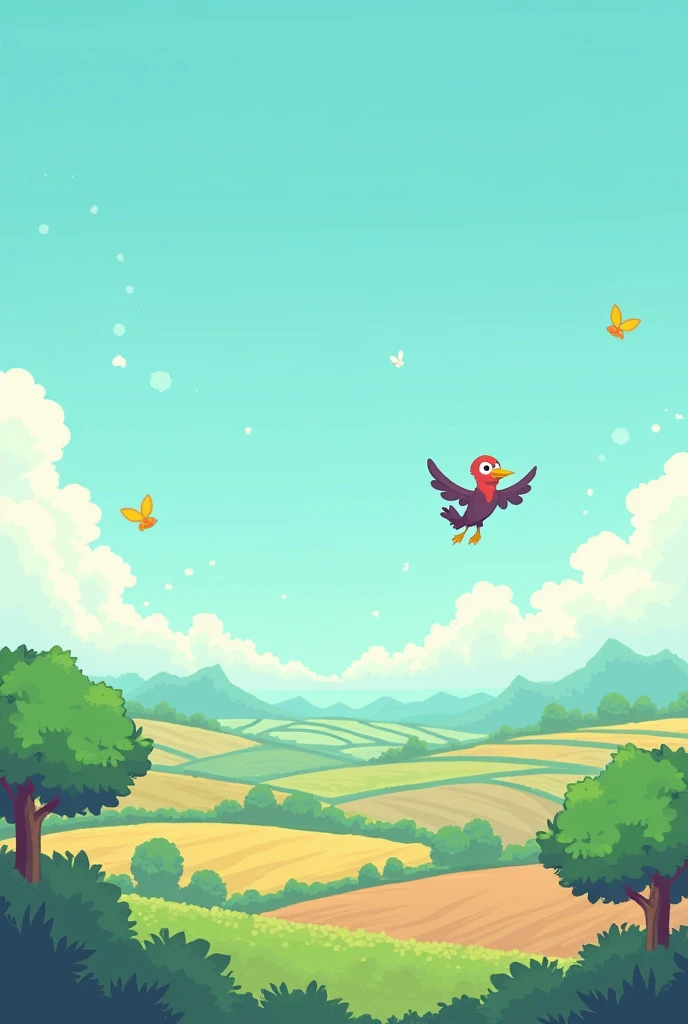 A pixel art for an arcade game, of a sky with farms below and with clouds, blue sky, art cannot be so detailed, as if it were for a game where the character is a bird