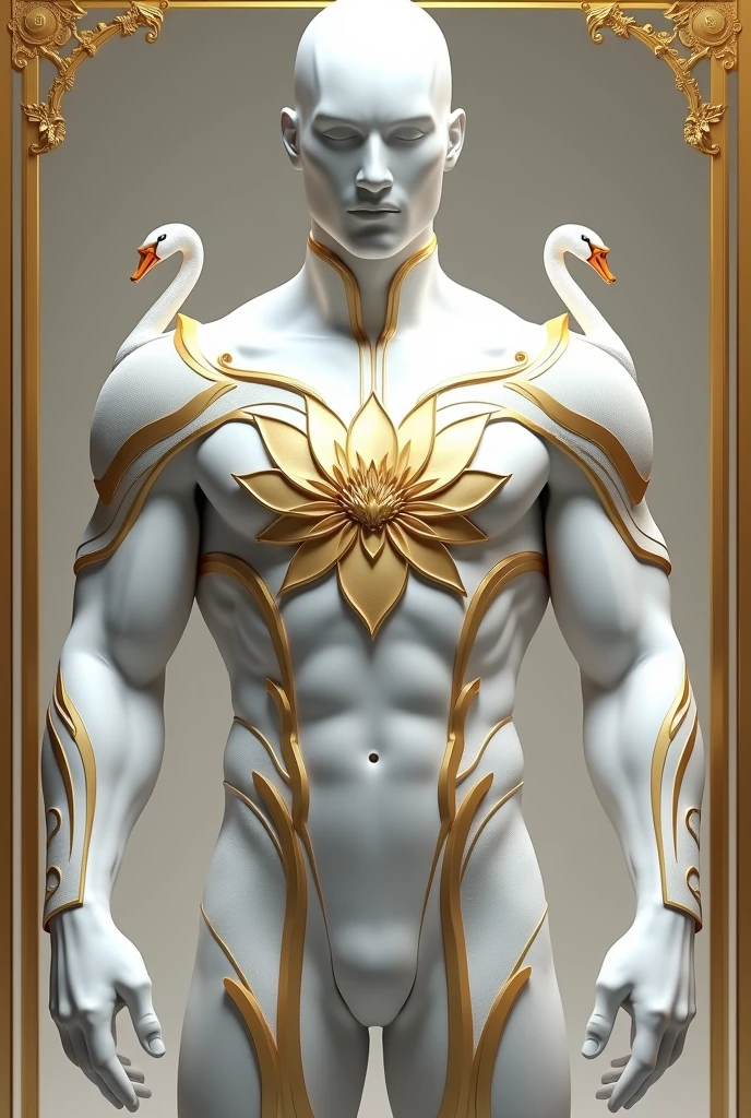 Make a image of a white male superhero suit with no mask and has a lotus design in the center and two small swan head statue on the shoulder of the suit with some golden border