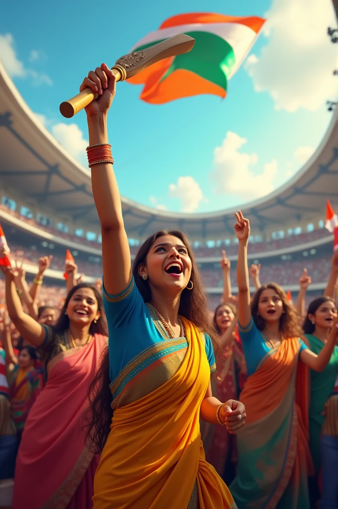 Create cricket indian fan girls in a stadium
