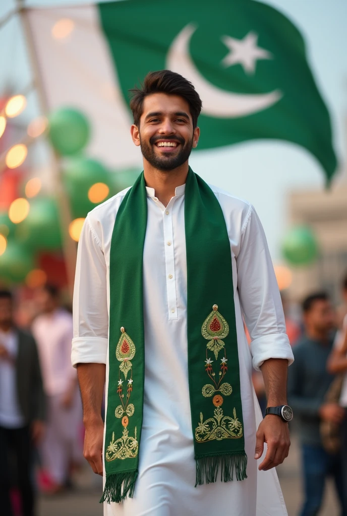 a handsome healthy man in day light wearing white and green kurta shalwar with beautiful designed green muffler on shoulders on independence day, with a backgroun of blur lights and oakistan flag celebration