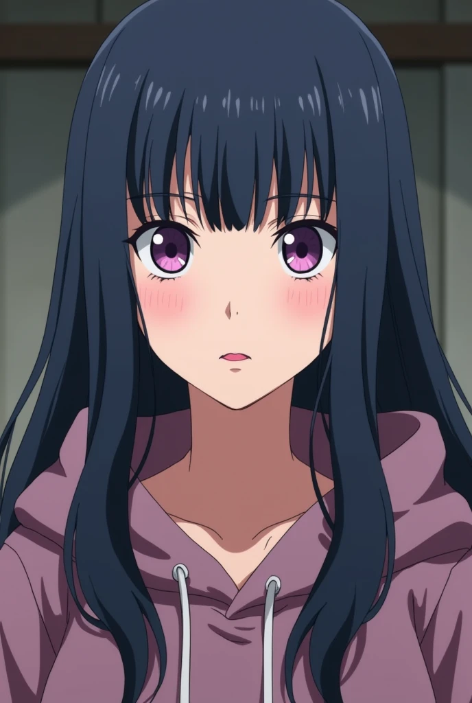 a close up of a person with long hair and a hoodie, hinata hyuga, hinata hyuga from naruto, from naruto, as an anime character, perfect anime face, she has dark blue hair with bangs, female anime character, anime character, anime best girl, hime cut hairstyle, dark blue hair, (red glossy lips:1.3), light purple eyes, big breasts, realistic, ultra detail, indoor background