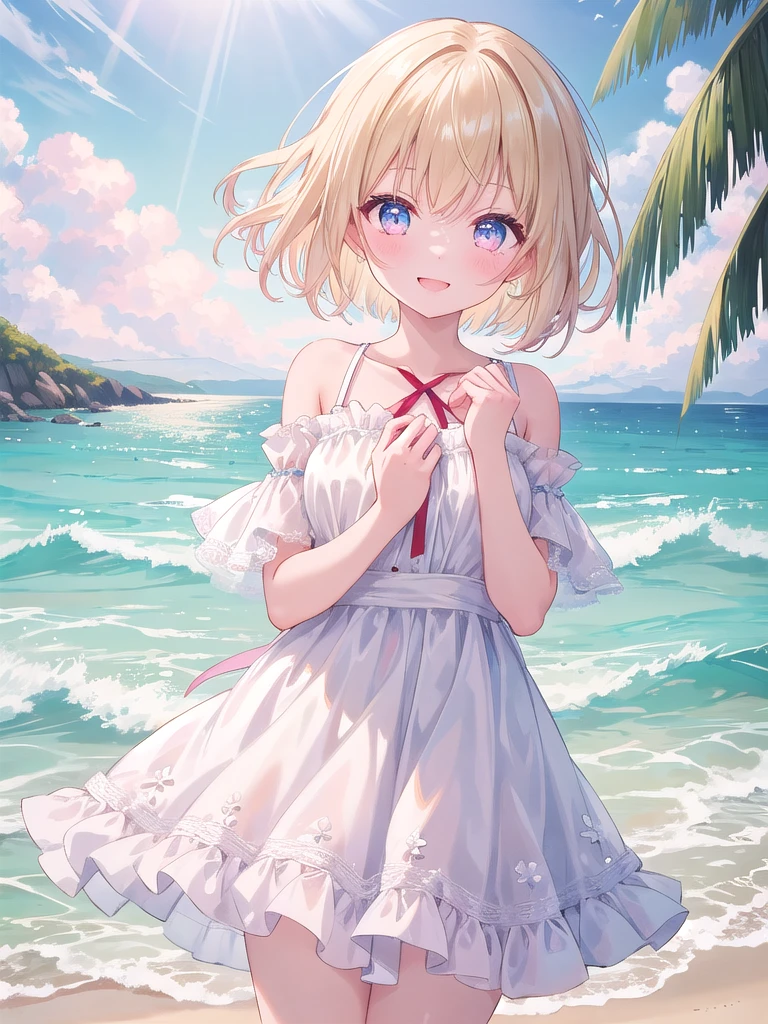 ((8k, Highest quality, masterpiece: 1.3)),Ultra-high resolution,(1 girl, alone), (Color changing eyes, Ultra-detailed, Expressive brilliance, Glitter, Glowing Eyes), Highly detailed eyes, Highly detailed face, Short Bob Hair, ((pastel colour)),Girl interacting with animals. The background is a sandy beach by the sea, Hear the gentle sounds of waves lapping on the shore. The girl is wearing a white summer dress, Dancing lightly in the wind. The camera is set for a bust shot.、Her facial expression is now clearly visible.. A happy smile spreads across the girl's face, Her big eyes shine brightly. Her skin is healthy and sunny, Her cheeks are tinted pink. Her hair is long and wavy, It is depicted in a natural state, fluttering in the wind.. her hair is light brown, It reflects the sunlight and shines brightly.
She is holding a small white puppy, And the puppy buries his face in her chest, He looked relieved.. The puppy's fur is soft, The fluffy white fur is depicted realistically.. The whole scene is bright and warm., Highlight the girl's smile and the cuteness of the puppy. The background is blue sea, blue sky, And sandy beaches, You can experience the joy of interacting with nature and animals..
The softness of the girls dress, Puppy fur texture, Even the way the light hits it is depicted in detail.. The bright sunlight on the beach makes the little girl's smile even more, Recreate an overall open and warm atmosphere. Her innocent smile and gentle hand movements、Communicating the joy of interacting with animals.