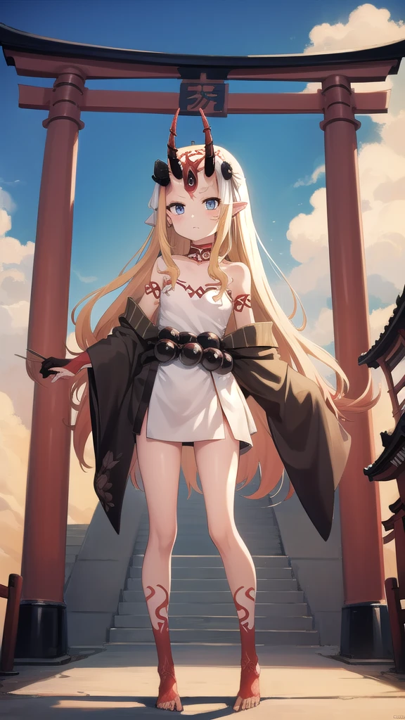 Flat-chested girl with long blond hair，Demon horn，kimono，Bare Legs，barefoot，Standing，On the torii gate