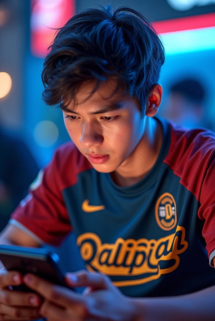 A young man, mobile gamer wearing esports jersy, with a name "QaLipian" at the back.