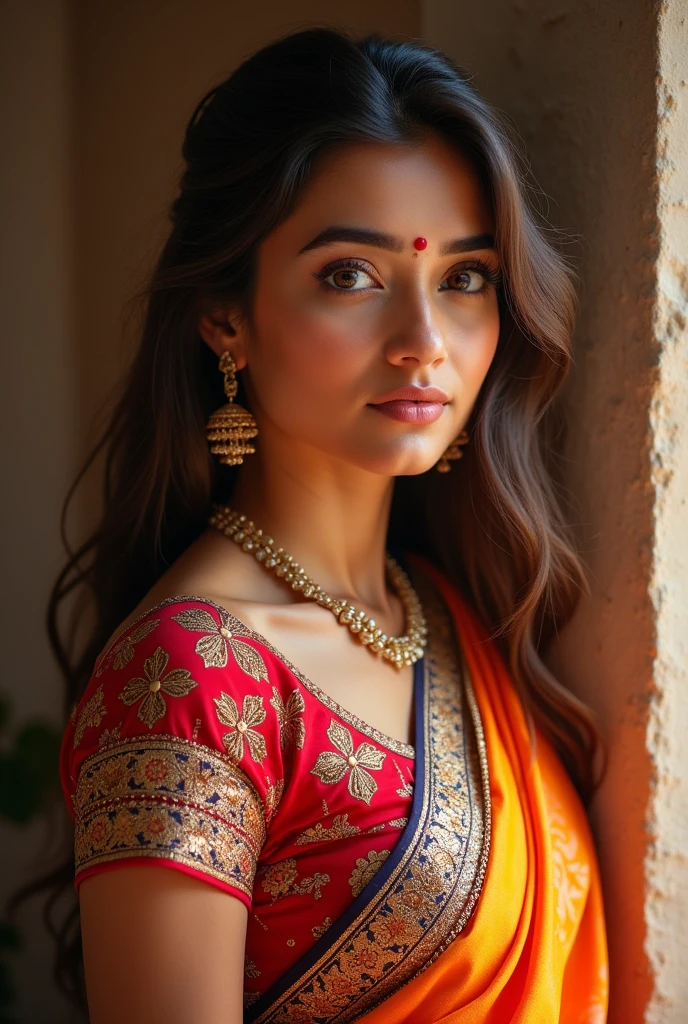 The influenza is a hot girl in her 22 she has pair skin tone diamond face shape almond shift eyes with long lashes he had arched eyebrows and hard shaped lips her nose bridge is high and see has hurt shaped lips her nose bridge is high and see has a brown hair colour with straight hair is streat in Indian saree he wear in Indian saree