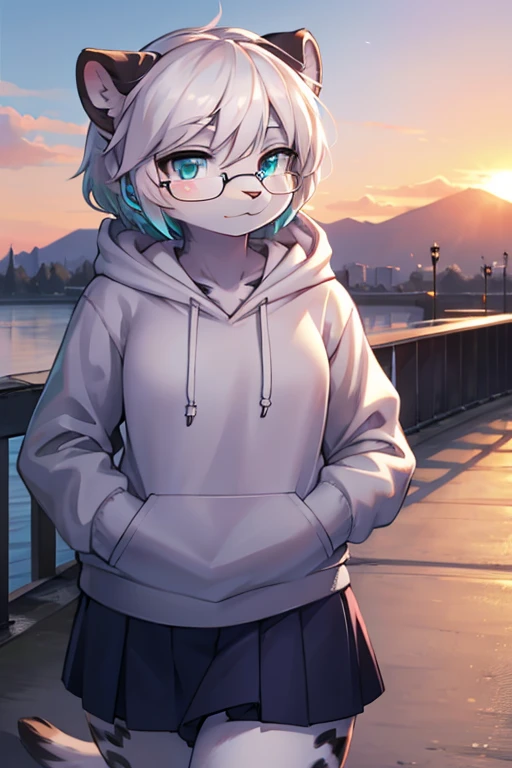 White furry panther girl, turquoise eyes, white hair, wearing school uniform with hoodie on top, wearing glasses, hands in pocket, walking on a bridge, with a sunset sky on back