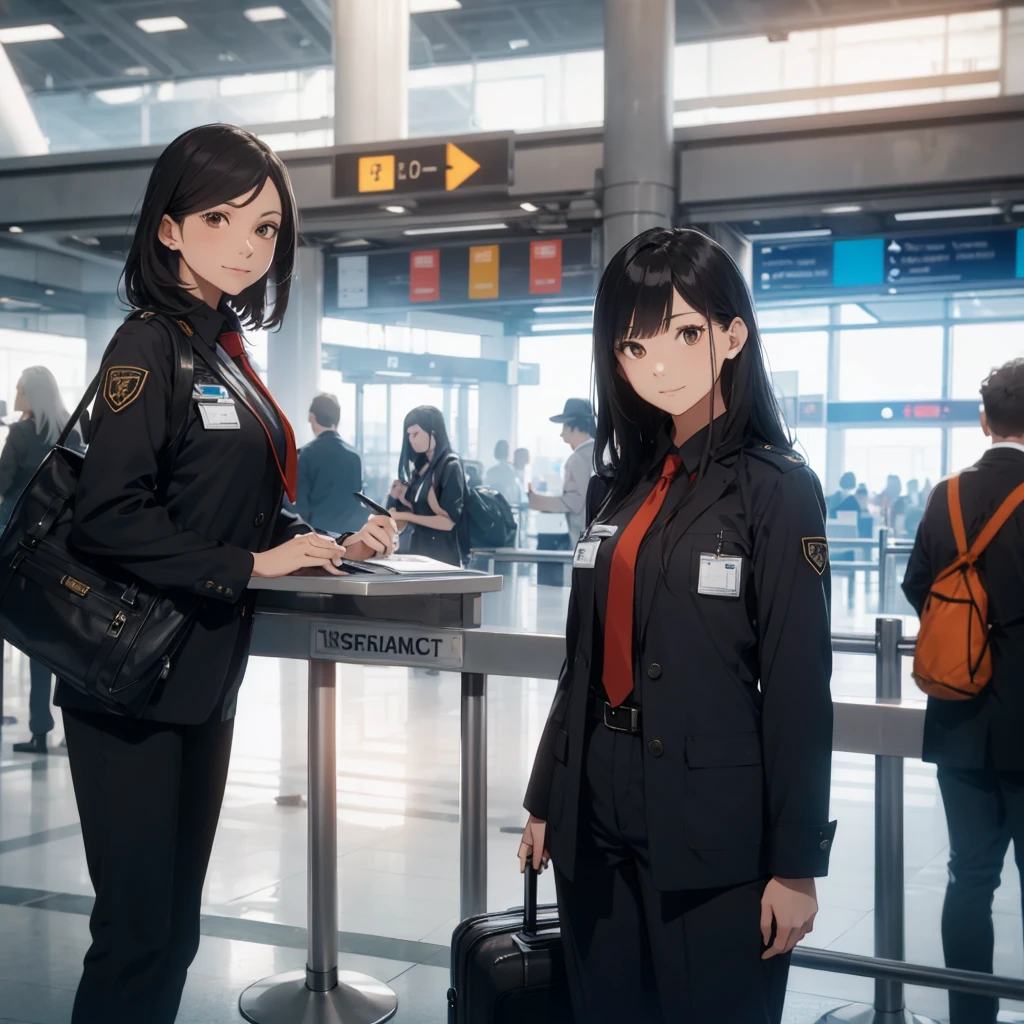 A female airport staff member standing at an information desk in a modern airport terminal. She is dressed in a professional uniform, with a friendly and welcoming expression. The background includes signs in multiple languages, people walking by with luggage, and an overall busy airport atmosphere. The lighting is bright and natural, giving a clean and efficient look to the scene