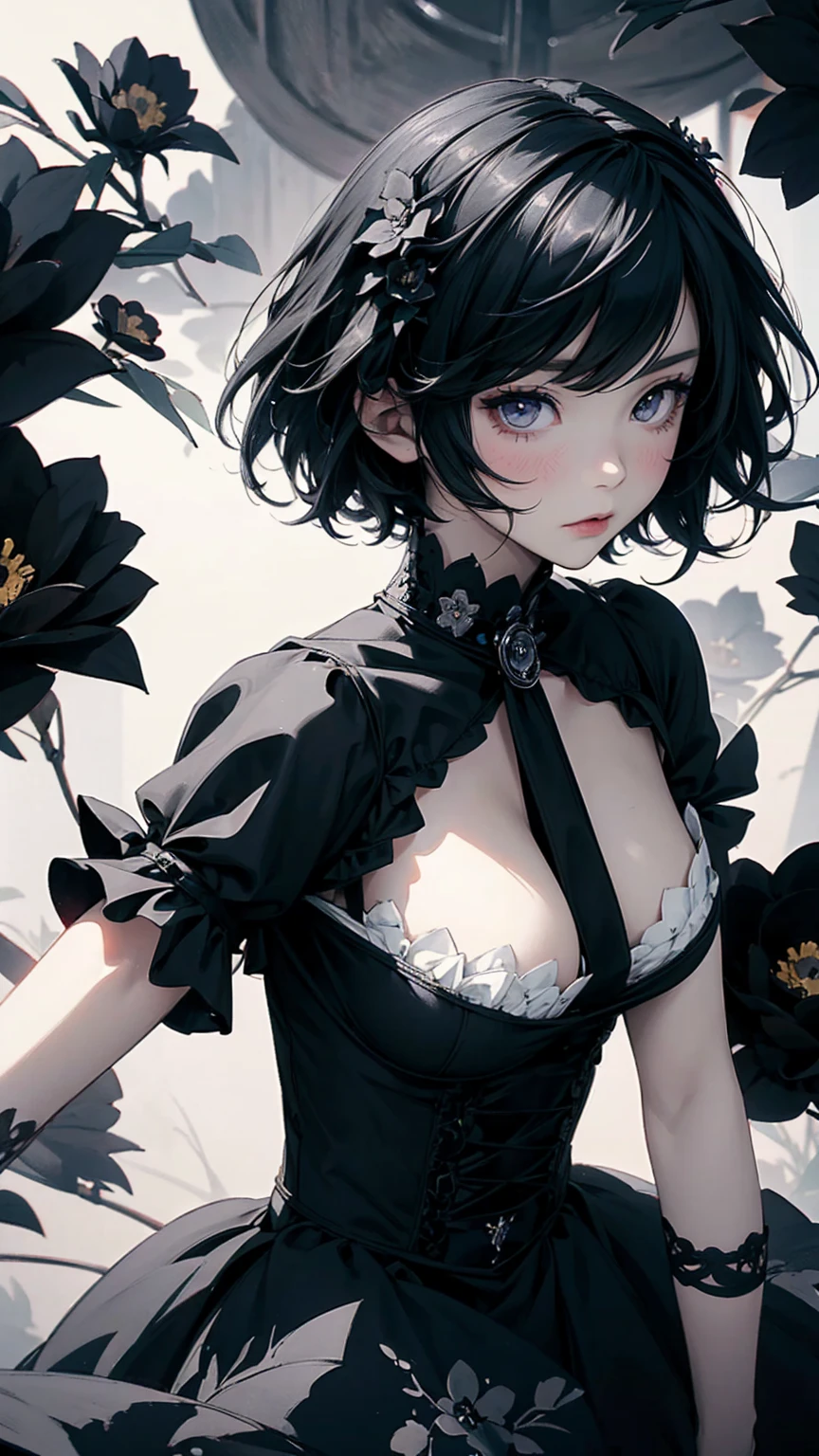 Top view, Woman with asymmetrical short hair, Gothic ta Fashion, A dynamic pose, Collage with black flowers, Anime Style, Simple lines, Digital Painting, (masterpiece, High resolution, Highest quality)
