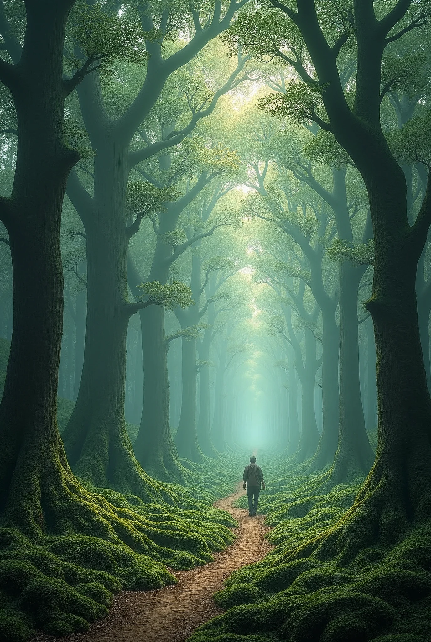 A mystical fractal forest where towering trees, each with fractal branches and leaves, stretch endlessly into the sky. The forest floor is covered in fractal moss and ferns, with winding paths formed by intricate patterns leading deeper into the infinite woods. Light beams filter through the fractal canopy, creating endless patterns of shadows and light, while a soft mist swirls with fractal complexity. Above, the sky is filled with fractal clouds, echoing the patterns of the forest below, creating a seamless connection between earth and the heavens. A lone traveler, dwarfed by the towering fractal trees, ventures into the infinite forest, seeking an ancient artifact hidden deep within.