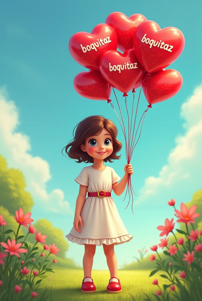 "A white girl of approximately 8 years old, with bright blue eyes and full lips painted a deep red. She wears a white dress with short sleeves and a belt that highlights her waist.. in his right hand, holding a bunch of transparent red heart balloons, each with red confetti inside. Inside each balloon, in white letters, the word 'boquitaz' is read. The girl is standing in a park with green grass and colorful flowers around. She wears bright red shoes that match the color of the balloons.. The lighting is natural, with a clear blue sky behind her. The style of the image is colorful and playful, with a touch of magic and fantasy."