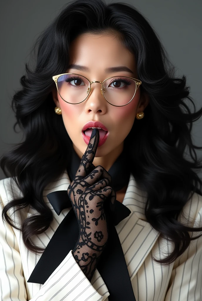With long, curly black hair、Heavy makeup and purple eyeshadow、Around her neck she wears a ribbon-shaped satin black and gold chain patterned scarf.、Wearing gold-rimmed glasses、Wearing long gloves made of black rose lace、A Japanese woman in her 40s wearing a white striped suit is licking her fingers with her tongue