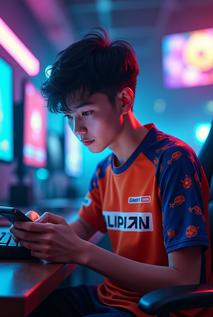 A young man, mobile gamer wearing esports jersy, with a name "QaLipian" at the back.