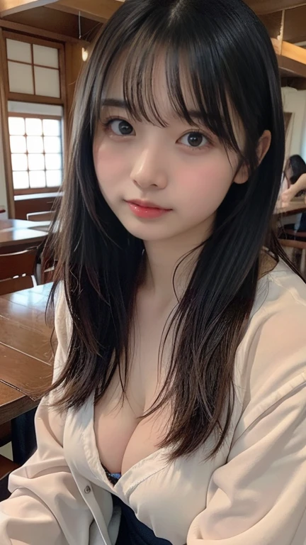 Japanese、woman、20-year-old、Randomly generated people with diverse facial features and hairstyles々々、Perfect Anatomy,Tavern Date、High Angle, Sony a7, 85mm lens, f9.0, Pan Focus, Perfect Anatomy, perfectly trimmed fingers, D-cup beautiful breasts,