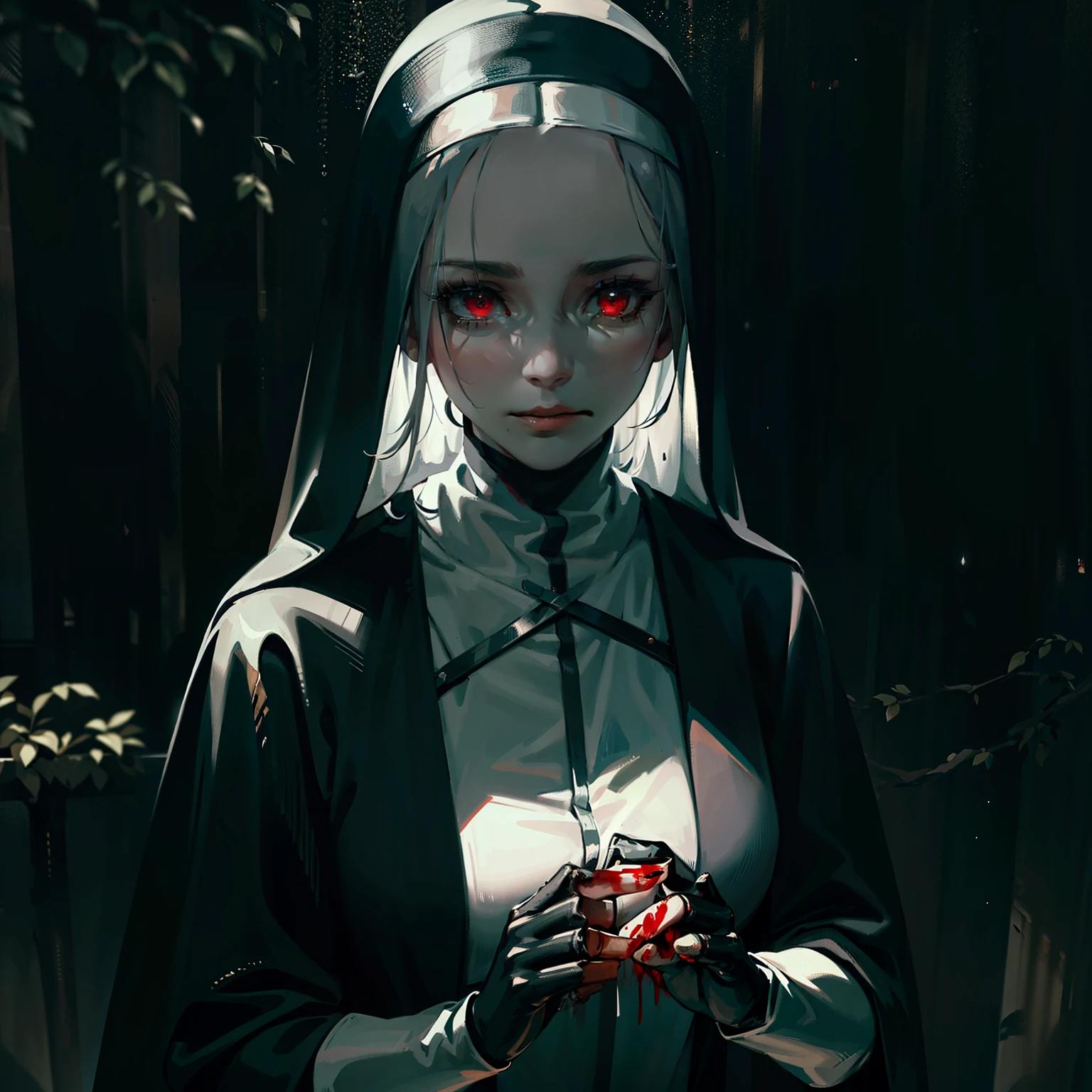 closeup of a woman dressed as a nun,ultra realistic,rain,day,mist,dark,particles,ultra detailed,artwork,very detailed,well lit, detailed lighting,shadow detailed,forest detailed,real life,warrior,battle,blood,war,terror, mist, red eye, silver hair