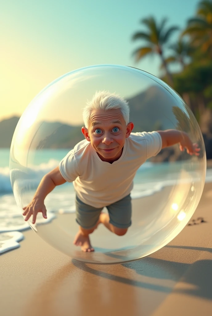 A guy in shorts and a t-shirt. White hair. Blue eyes. Rolling around inside a beach ball.