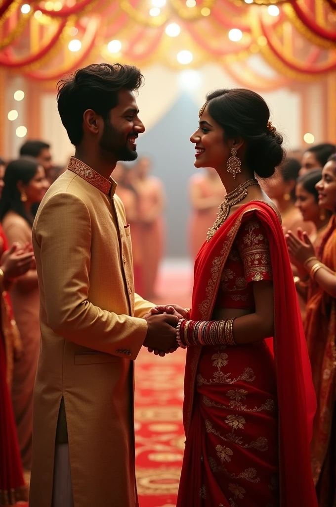 According to North Indian tradition a 24 year boy and 23 girl facing each other on the day of there engagement , having hands in hands and smiling ,all relatives present there are clapping. Some relatives are doing some function related work there.