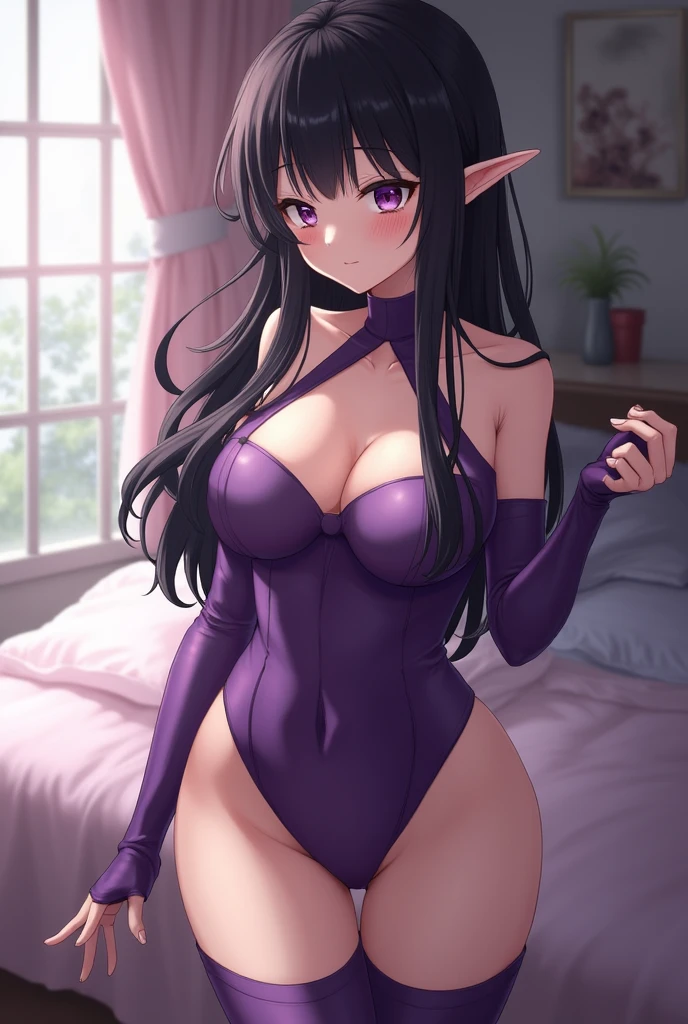 1girl, solo, purple eyes, black hair, long bair, wavy hair, soft blush, looking at viewer, pale skin, sultry eyes, long eyelashes, dolly face, small elf ears, attraeyeliner, posing seductively, purple latex outfit, stockings, realistic background, bedroom, standing, ultra, HD.