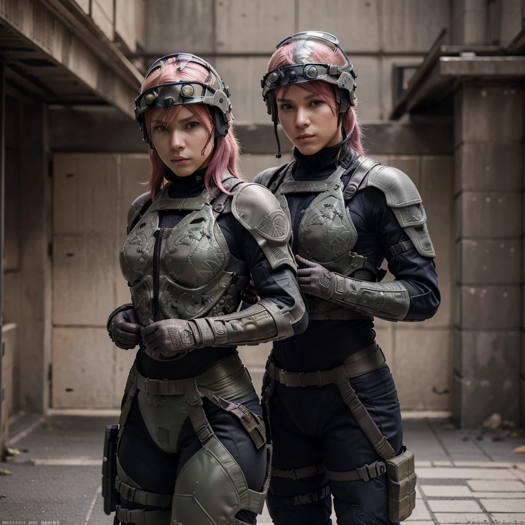 style of metal gear solid, (detailed intricate full cover tactical helmet:1.3), (pink hair), cowboy shot, dynamic pose, 1girl, solo, ray tracing, (masterpiece), (best quality), (detailed), (detailed tactical gear:1.1), (body armor:1.1), combat pants, gloves, (intricate background:1.1),